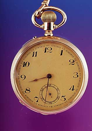 W. KRAUSBECK offene Herrentaschenuhr, Hausmarke gleichnamiger Firma in Karlsruhe, um 1885, Orig. Etui, RoseG 585/000, Scharnier-ausf., Boden ...