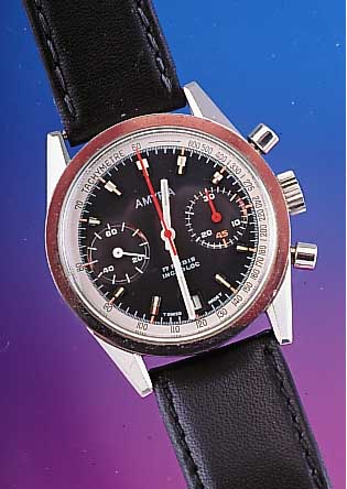 AMYRIA Herrenarmbanduhrchronograph, Ref.-Nr.9201/15, Schweiz um 1972, Metall hart verchr.,Edelst.-boden geschr., bei Fertigst. wasser- gesch., ...
