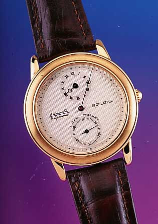 AUGUST REYMOND Herrenarmbanduhr, Regulateur, Ref.-Nr. 49101, Schweiz um 1998, Metall hartverg., beids. Mineralvergl., Lederband, Orig. Etui, ...