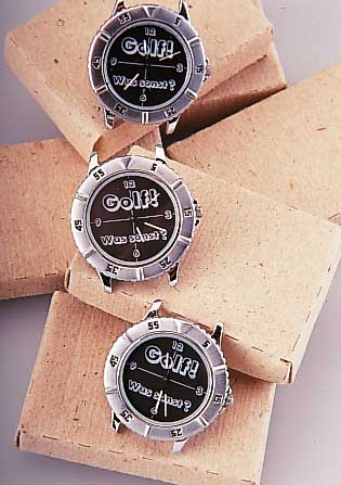 Konvolut: 120 ident. Herrenarmbanduhren, auf Zifferbl. Aufdruck: "Golf, was sonst", Metallgeh. verchr., Edelstahldruckb”den, ...