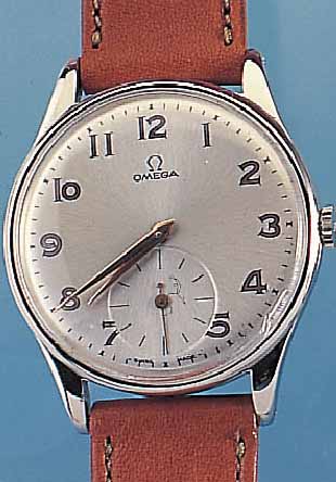 OMEGA HERRENARMBANDUHR, REF.-NR. 2505-4, SCHWEIZ UM 1954, EDELST., BODEN UND GLASRAND AUFGEDR., BLATT REST., KL. SEK. ...