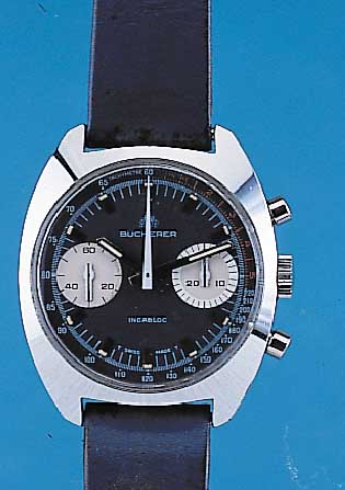 BUCHERER Herrenarmbanduhr Chronograph, Ref.-Nr. 952012, Schweiz um 1969, Metall hartver- chr., Edelstahl-Schr.-Boden, 30-Min.-Stopzäh- ler, ...