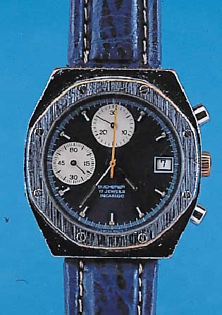 BUCHERER Herrenarmbanduhr Chronograph, Ref.-Nr. 652, Schweiz um 1970, Messinggeh. verchr.,ber., Edelst.-Boden geschr., 30-Min.-Stopp- zähler bei ...