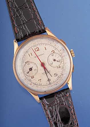 GOMAY Herrenarmbanduhr Chronograph, Ref.-Nr.5283, Schweiz um 1950, GG 750/000, Boden u. Glasr. gedr., Metallcuv. zur Armier., Orig.- Blatt ...