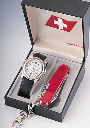 SUISSE ARMY Herrenarmbanduhr, Ref.-Nr. 6000,Schweiz um 1990, Metallgeh. verchr., Boden ge-schr., Orig.-Etui m. schweizer Taschenmesser, emailfarb. ...