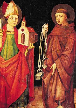 Unbekannter Maler des frühen 19. Jh., Stiftungsbild, Bischof und Mönch, Öl/Lwd/Holz,nach dem Vorbild des 15. Jh., ca. 73 x 55 cm R.
