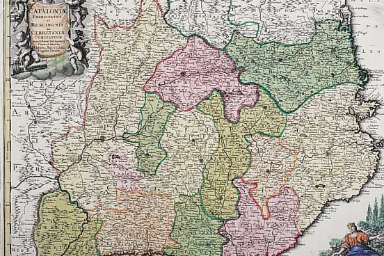 Kol. Kupferstichkarte, Frankr., dat. 1706, S. Jaillot, Catalonia, u. Gl. ger., M. 52,5 x 61 cm, l. gebräunt u. l. gewellt