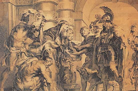 Kupferstich nach P.P.Rubens, 18. Jh. , alttestamentarische Szene, stark gebräunt, wasserfleckig, unten und rechts gerissen, ca. 43 x ...