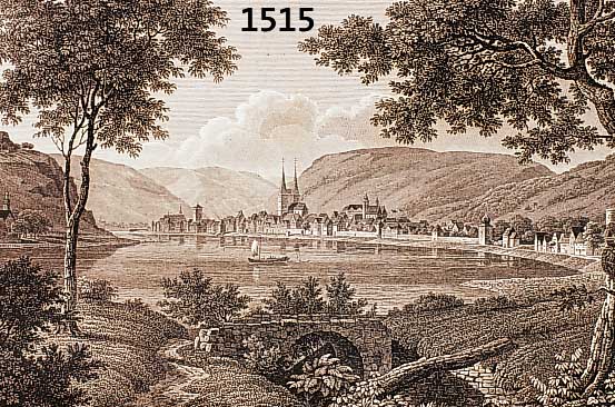 Konv. 5 Blatt Boppard/Rh., 1.) Kupferstich aus Maler. Ansichten d. Rheins, d. Mosel u. d.Haardt, J. Engelmann Heidelberg, ca. 1820, An-sicht v. ...