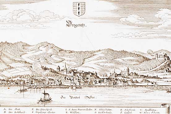 Konvolut v. 2 Blatt Bregenz, 1.) KupferstichM. Merian, ca. 1650, GA Bregenz, 20.5 x 37 cm,tadeloses Exemplar; 2.) wie bei 1., jedoch v. Bodenehr, ...