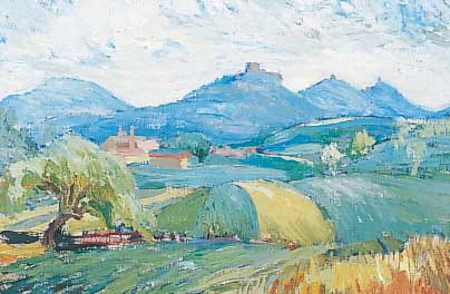 Oehl, W., Pfälzer Maler aus Wernersberg, Blick auf Trifels, Anebos und Münz, Öl/Lwd, re. u. sign., ca. 33 x 46 cm, R.