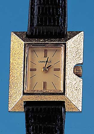 CARAVELLE Designer-Damenarmbanduhr, Metall hartverg.,, um 1970, breite Lün. matt.,Edelst.-Bod. aufgedr., Ankerformwerk, 17 St., Handaufz., ...