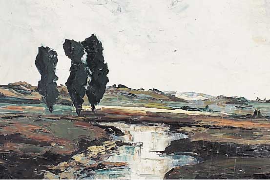 Graboné, Arnold, 1896 München-1981 Percha, Landschaft im Dachauer Moor, Öl/Lwd, re. u. sign., ca. 54 x 69 cm, R.