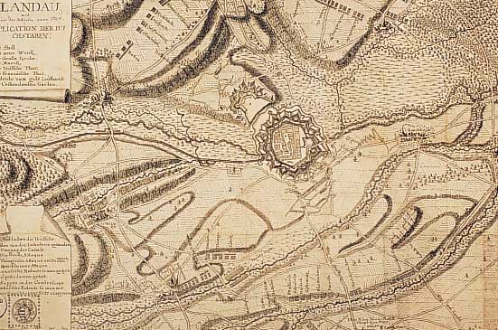 Zwei Kupferstichkarten zu Landau, 1 x aus Sebastian Mnster, dat. 1547, gegl„ttete Bug- falte, gebr„unt, ca. 16 x 36 cm, unfachm„n- nisch ...