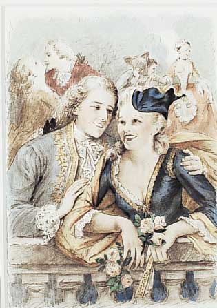 Becat, Paul Emile, vier Lithographien mit Pochoir, erotische Darstellungen aus Marivaux,Ed. Arc en Ciel Paris 1956, je ca. 15.5 x 10.5cm, PP