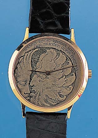 ARS Designerherrenarmbanduhr, sog. Kussuhr von Ernst Fuchs, GG 750/000-Geh. incl. Orig.- Lederband m. GG 750/000-Stiftschl., Saphir- flachgl., ...