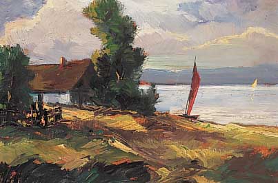 Eberhardt, Friedrich, geb. 1895, Motiv am Bodensee, Öl/Malkarton, verso sign., ca. 26 x 36 cm, R.