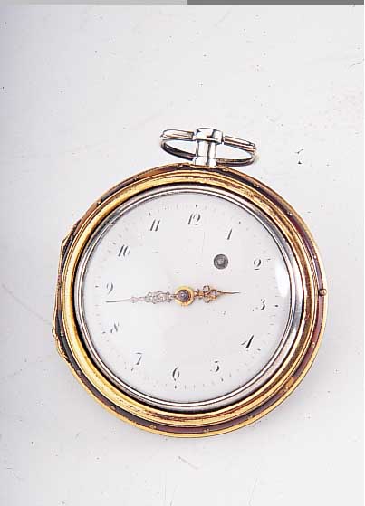 Spindelherrentaschenuhr, Schweiz um 1830, verg. Messingübergeh. m. Hornbesch., Nutzsp. (feinhaarr.), Innengeh. Silber, perf. Email- bl. ...