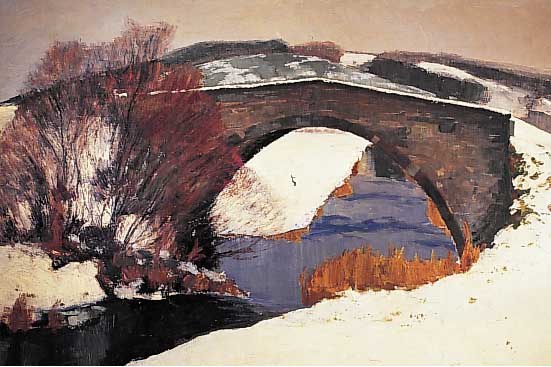 Jungheim, Julius, Düsseldorf 1878-1957, Verschneite Winterlandschaft mit Bogenbrücke, Öl/Lwd, re. u. sign., ca. 85 x 100 cm, R.
