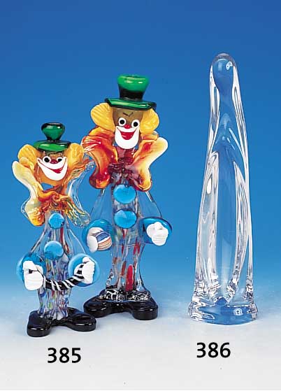 Zwei Clowns, Murano, 60/70er Jahre, Glas, bunt, H. ca. 25 cm u. 31,5 cm, l. Alterssp.