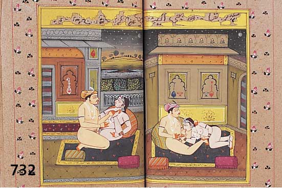 Buch mit erotischen Darstellungen, Indien, 20. Jh., handgeschrieben, Ledereinband, ca. 9 bunte Darstellungen, Maße 22 x 14,5 cm, l. Alterssp.