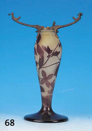 LAMPENFUß, GALLé, UM 1904/05, FARBLOSES GLAS, LILAFARBEN üBERFANGEN, MONTUR,OHNE ELEKTRIFIZIERUNG, H. 26 CM