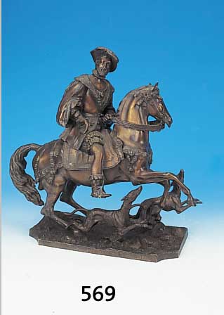 Bronzeskulptur, Frankreich, um 1880/90, Heinrich IV zu Pferd, leicht beschädigt, 42 x 40 x 15 cm