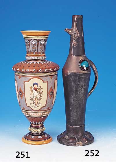VASE, METTLACH, UM 1895, STEINZEUG, TEIL- RELIEFIERT, IN KARTUSCHEN VERSCH. PUTTODARST.,ABSTR. FLORAL, BUNT STAFFIERT, H. CA. 36 CM, AM OBEREN ...