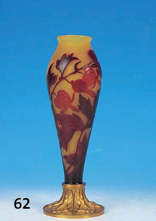 BLUMENVASE, GALLé, UM 1900, ROT üBERFANGEN, GELBES ZWISCHENGLAS, H. 22.5 CM, GEäTZT, GE- SCHNITTEN UND GESCHLIFFEN