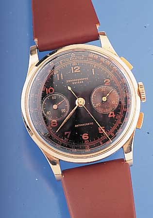 CHRONOGRAPHE SUISSE Herrenarmbanduhr Modell Antimagnetique, Ref.-Nr. 1158, Schweiz um 1949, GG 750/000, Boden u. Glasr. gedr., Me- tallcuvette ...