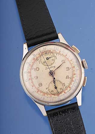 BREITLING Armbanduhr Chronograph, Ref.-Nr. 178, Schweiz um 1944, Messing verchr., Edel- st.-Boden u. Glasrand gedr., 60-Min.-Stoppzäh-ler bei 12, ...