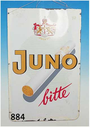 3 Emailschilder, 50er J., Juno Zigaret- ten, beidseitig bunt staffiert, am Rand Ab- splitterungen, Altersschäden, ca. 95 x 61 cm 2 x Toto, ...