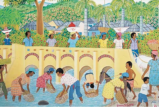 James, Joseph, 1956 Cap Haitien-1985, Treiben am Fluss mit reicher Personenstaffage,Öl/Hartfaser, re. u. sign. und dat. 84, ca. 51 x 61 cm, ...