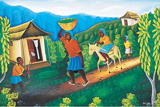 Meliscu, Eddy, zeitgen. haitianischer Künstler auf dem Heimweg vom Feld, Öl/Lwd auf Holz aufgezogen, re. u. sign., ca. 60 x 90 cm, R.