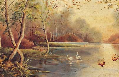 Unbekannter deutscher Maler, um 1900, baumbestandener See mit Schwänen, Öl/Lwd, ca. 22 x 54 cm, reinigungsbedürftig, R.