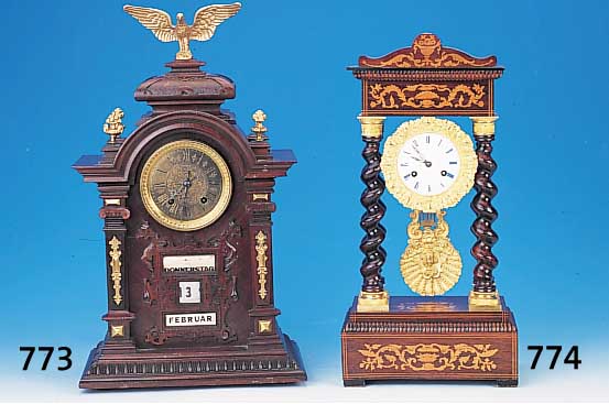 Stutzuhr mit Wandkonsole und Kalendarium, deutsch, um 1900, reich verziertes und ge- schnitztes Eichengehäuse m. Messinggußapplikenbesetzt, ...