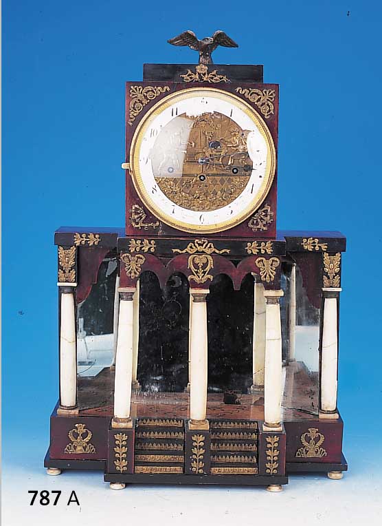 Portaluhr mit Viertelstundenschlag u. Automat,Wien um 1830/40, Holzgehäuse, sogen. Haus- herrenuhr, Stil Empire, aufwendig mit Messing-appliken ...