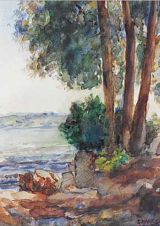 Compton, Edward Harrison, Feldafing/Obb. 1881-1960, Baumbestandenes Seeufer, Aquarell/ Papier, re. u. sign., ca. 34 x 22 cm, PP,u.Gl.