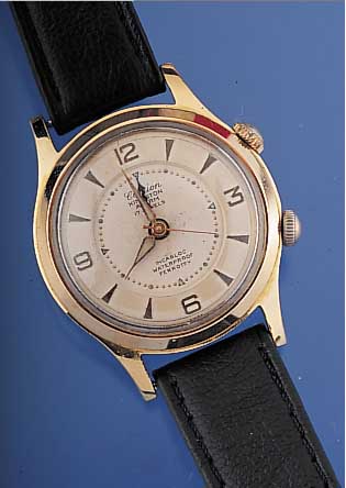 CLARION Herrenarmbanduhr, mit Weckfunktion, Metall hartverg., Boden Edelst. geschr., Orig.vers. Blatt, gestuft, Zentralsek., Basis-Kal. v. AS, ...