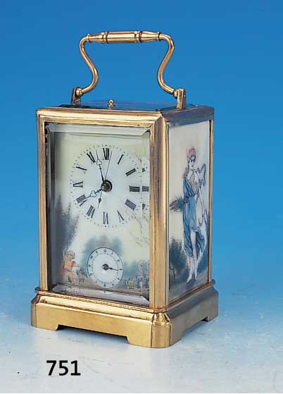 Reiseuhr mit Abruf und Wecker, Frankreich, um1910, Messinggehäuse, Front und oben facett.verglast, gravierte Messingtür hinten, Seiten und ...