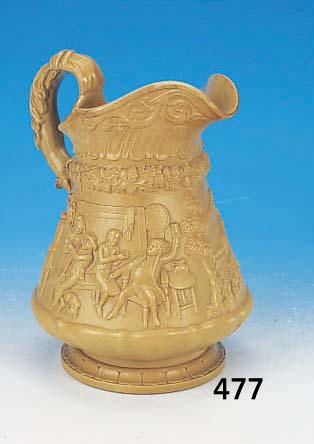 Henkelkrug, gemarkt. Wilian Rigdway & Co. Hanley, October 1832, Steinzeug, umlaufende Trinkszenen, H. 26.5 cm B. 23 cm