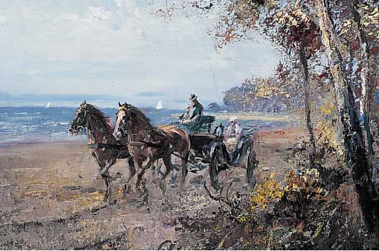 Wagner, Hansjörg, geb. 1931 Berlin, Kutschfahrt an baumbestandener Küste, Öl/Lwd, re. u. sign., ca. 70 x 80 cm, R.