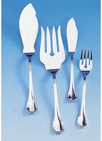14-teiliges Fischbesteck, 925er Silber, best. aus: 6 Fischgabeln, 6 Fischmesser u. 2 Fischvorlegeteile, total ca. 790 g, Achteck- Muster, sehr ...