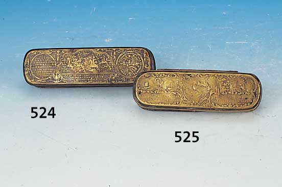Tabaksdose, 18. Jh., preuss. russ. Schlachten- und Belagerungs- szenen, beschriftet, L. 15.5 cm, l. verbeult