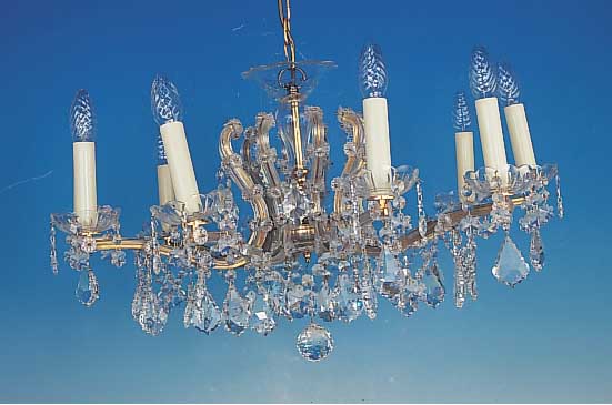 Deckenleuchter, deutsch, 50er Jahre, glasummantelte Monturen, reicher geschliffenerGlasbehang, 10 Brennstellen, H. ca. 40 cm, D. ca. 70 ...