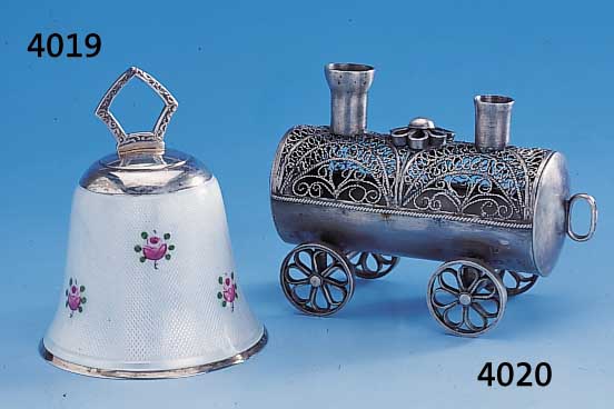 Besimombüchse in Form einers Dampfwagens, russ. Polen (?) um 1860/70, 84er Silber, Adlermarke, Filigranarbeit, min. besch., H ca. 7 cm, ...