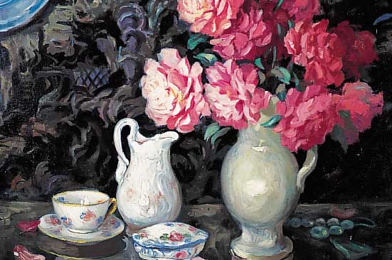 Unbekannter Maler, Karlsruher Schule, um 1900, Stilleben mit Blumenstrauß und Porzellan, Öl/Lwd, unsigniert, ca. 56 x 66 cm, R.