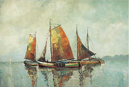 HORA, JIRI, O.ä., MALER DER 1. HäLFTE DES 20. JH., SEGELBOOTE AUF RUHIGER SEE, ÖL/ LWD, RE. U. UNDEUTLICH SIGNIERT, CA. 70 X 100 CM, R.