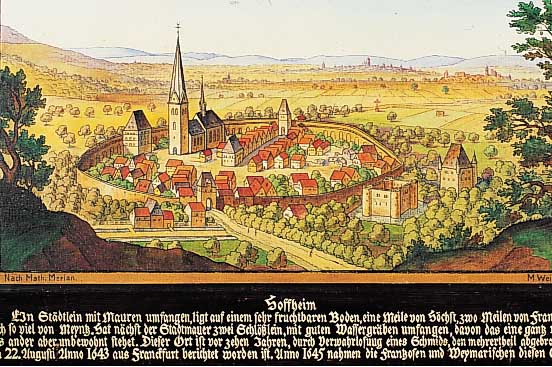 Weiler, Martin, geb. 1862 Hofheim/Taunus, Hofheim, nach einem Stich von M. Merian, Öl/ Lwd auf Malkarton aufgezogen, re. u. sign. unddat. 1921, ...