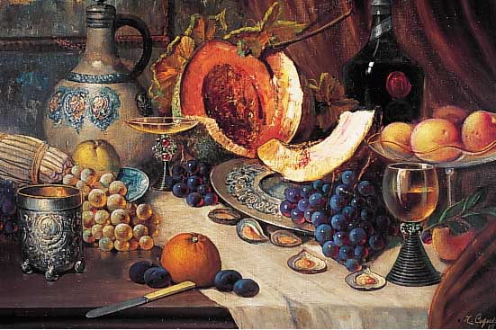 Capellmann, Hermann, Düsseldorfer Künstler, nachgewiesen um 1910-30, Prunkstilleben mit Früchten, Silberbecher, Austern und Weinglas, Öl/Lwd., ...